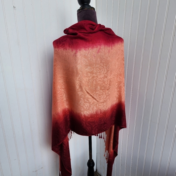 Rachele Burgundy Orange Ombré Scarf Fringe Viscose Soft 77"×28" - Picture 10 of 12